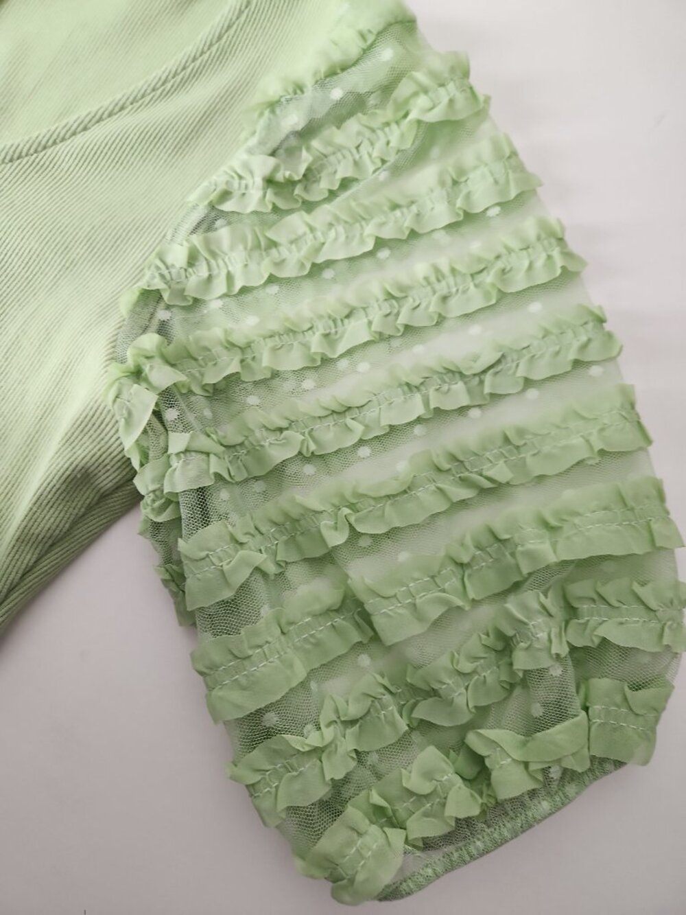 Dolan Anthropologie Ruffle Puff lace Sleeve Green‎ Ribbed Top blouse sz M - Picture 6 of 12